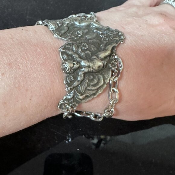 Cherub Chain Angel Bracelet Link Statement Cuff Putti Silver Baroque Rococo - Picture 3 of 11